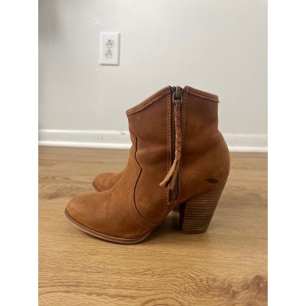 Aldo Western Dustar Ankle Boots Womens 6.5 Tan Leather Braided Zip Block Heel